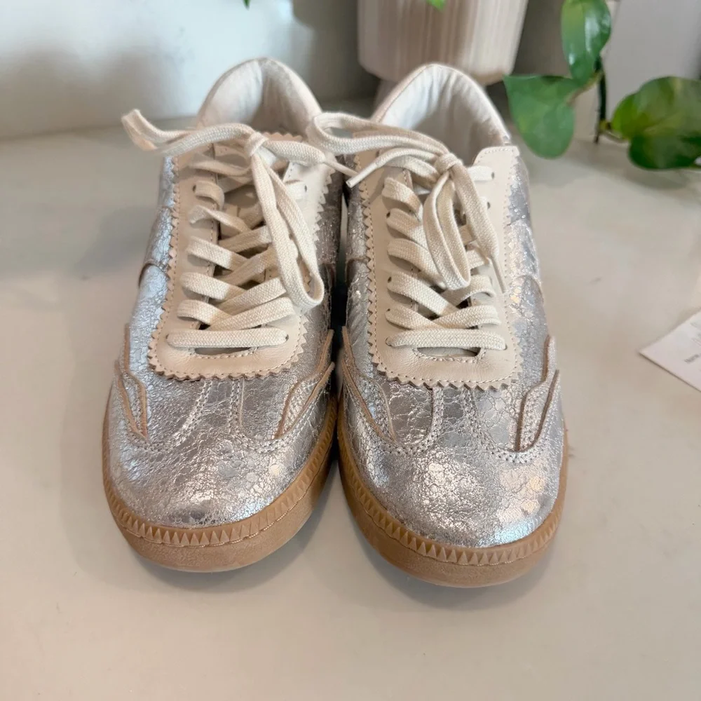 Dolce Vita Metallic Silver and Cream Low-Top Sneakers